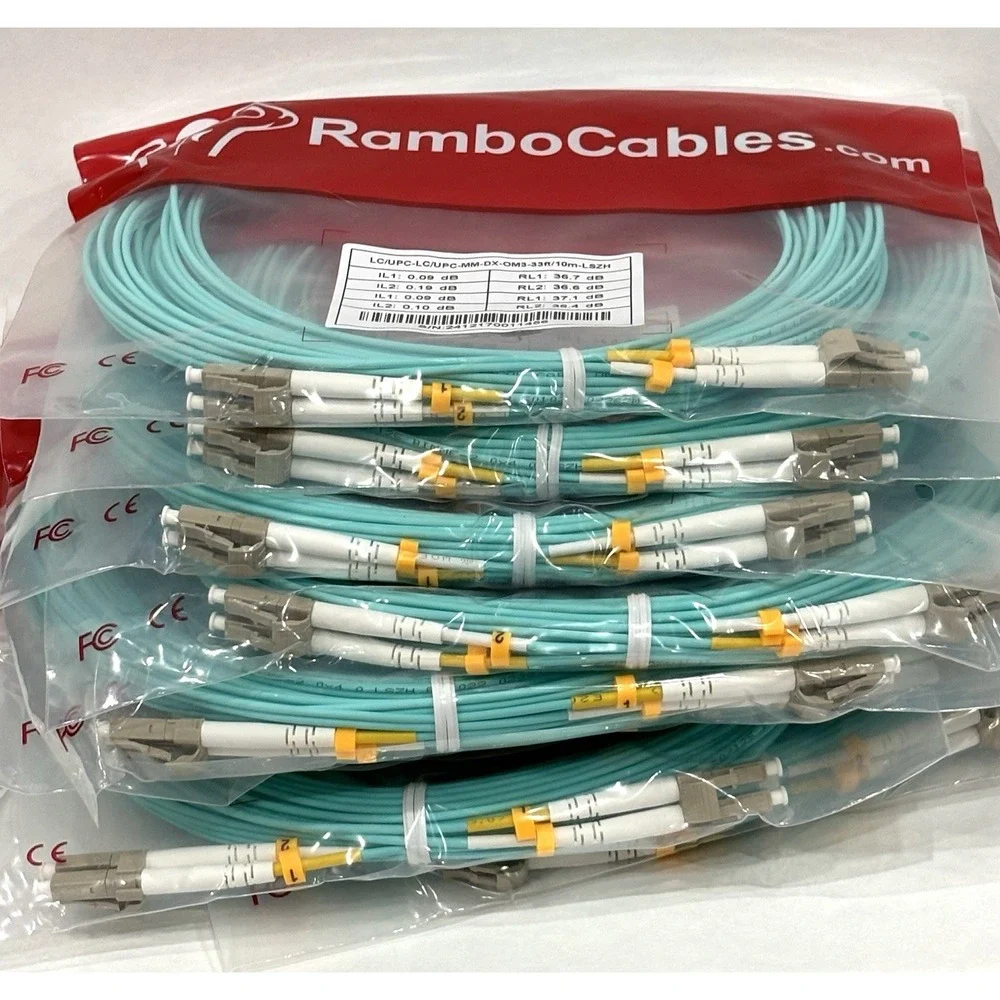 Lot of 10 RamboCables LC/UPC Duplex OM3 Multimode Fiber Cable 33ft 10m LSZH New